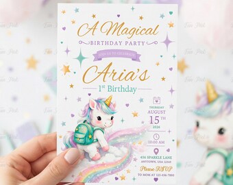 Invitación de primer cumpleaños: Autobús escolar arcoíris, plantilla editable - (Descarga digital) PRK02