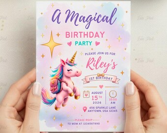Invitación de primer cumpleaños: Autobús escolar arcoíris, plantilla editable - (Descarga digital) PRK01