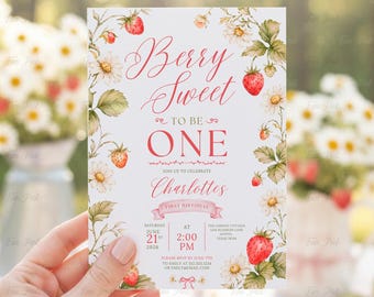 Invitación de primer cumpleaños con temática de fresas: Cumpleaños con lazo rosa fresa, plantilla editable - (Descarga digital) FRU02