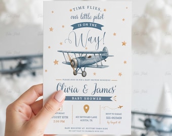 Invitación de primer cumpleaños con temática de avión: Aviación vintage que evoca el pasado, plantilla editable - (Descarga digital) PL02