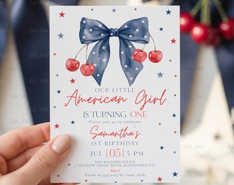 Invitación de primer cumpleaños para niña americana: Coqueta con lazo patriótico, plantilla editable - (Descarga digital) IND01
