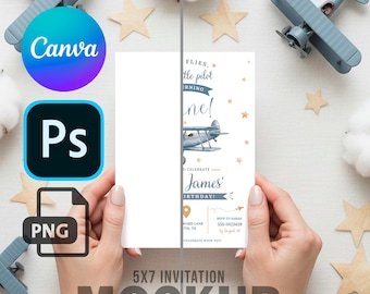 Maqueta de invitación de avión de 5x7, maqueta temática realista en Canva, paquete de archivos PSD y PNG para Photoshop - PIL02