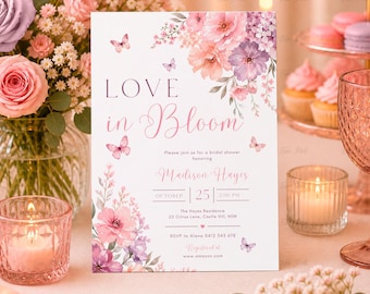 Invitación para despedida de soltera con estampado floral en tonos rosados: Invitación de novia con mariposas, plantilla editable (Descarga digital) PRI17