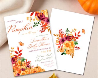 Invitación para baby shower de otoño: Plantilla editable con flores y calabazas (descarga digital) - LPK03