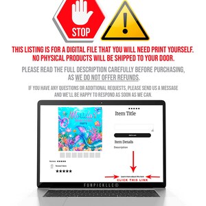 The image is a digital listing for a digital file that will require printing oneself, with no physical products being shipped to one's door. The listing is for a digital file that will need to be printed, and no physical products will be shipped. The user should read the full description carefully before purchasing, as we do not offer refunds. If there are any questions or additional requests, the user should send a message and we'll be happy to respond as soon as we can.