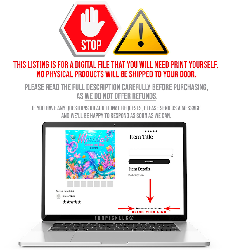 The image is a digital listing for a digital file that will require printing oneself, with no physical products being shipped to one's door. The listing is for a digital file that will need to be printed, and no physical products will be shipped. The user should read the full description carefully before purchasing, as we do not offer refunds. If there are any questions or additional requests, the user should send a message and we'll be happy to respond as soon as we can.