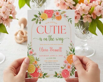 Invitación para baby shower con temática cítrica: Invitación con diseño de fruta adorable, plantilla editable (descarga digital).