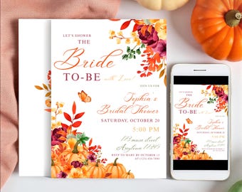 Invitación para despedida de soltera de otoño: Plantilla editable con flores y calabazas (Descarga digital) - LPK03