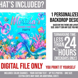 The image is a digital file that includes a personalized backdrop design based on a theme and layout, along with a turnaround time of less than 24 hours and the option to print it yourself. The design is available in various sizes, ranging from 8x8 feet to 3 photos. There are also color changes and custom text options, allowing for personalization. The turnaround time is less than 24 hours, and the image can be printed in one size. Additional editing may be provided for extra cost.