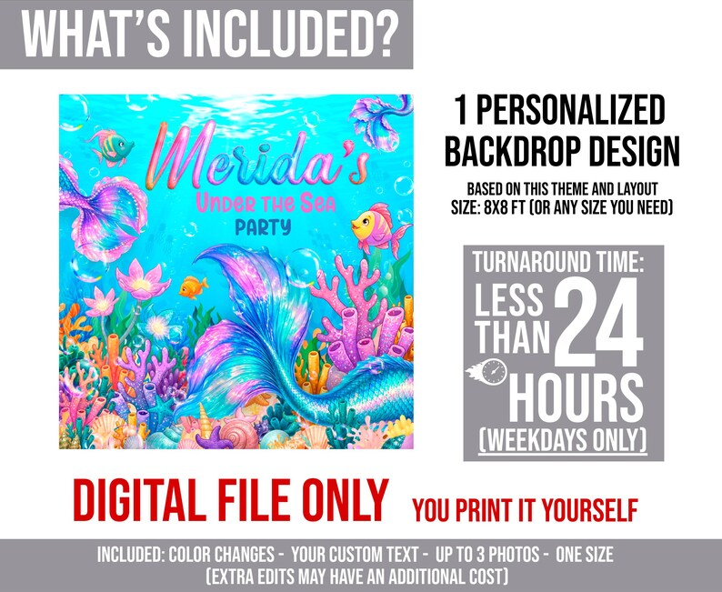 The image is a digital file that includes a personalized backdrop design based on a theme and layout, along with a turnaround time of less than 24 hours and the option to print it yourself. The design is available in various sizes, ranging from 8x8 feet to 3 photos. There are also color changes and custom text options, allowing for personalization. The turnaround time is less than 24 hours, and the image can be printed in one size. Additional editing may be provided for extra cost.