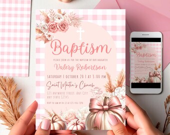 Invitación de bautizo de otoño bohemia: Tarjeta con calabazas coquetas en Canva (descarga digital) – LPK01
