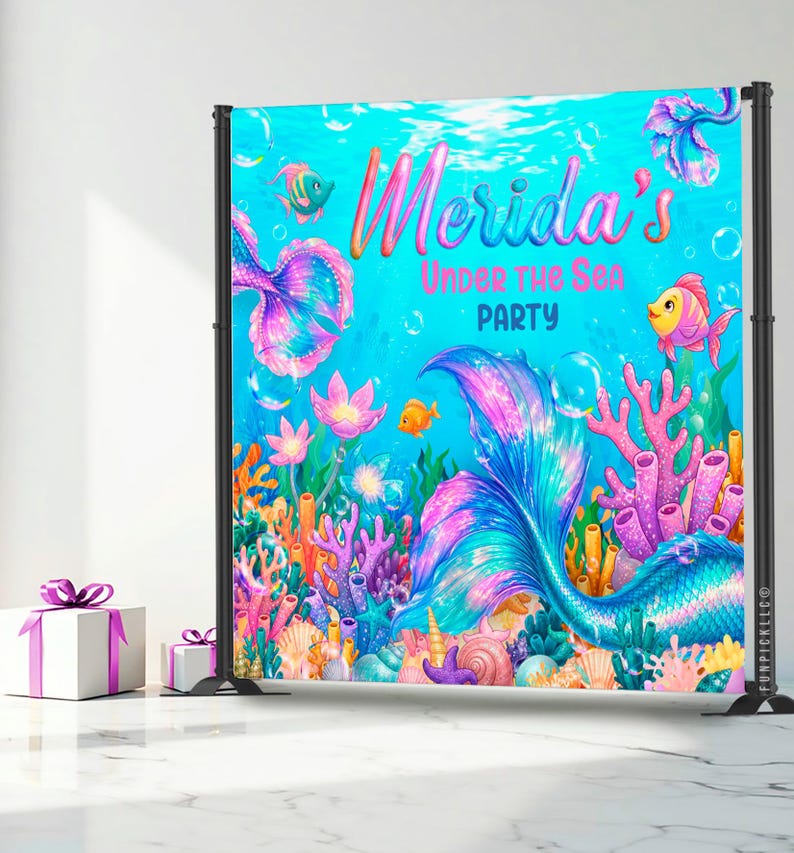 A colorful underwater-themed backdrop with mermaids, fish, coral, and other marine life, along with the text "Merida's Under the Sea Party".