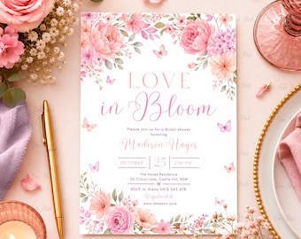 Invitación para despedida de soltera con estampado floral en tonos rosados: Invitación de novia con mariposas, plantilla editable (Descarga digital) PRI172