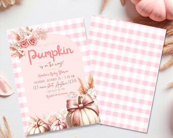 Invitación bohemia para baby shower de otoño: Tarjeta con calabazas coquetas en Canva (descarga digital) – LPK01