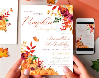 Fall Birthday Invitation: Editable Template with Flowers and Pumpkins (Digital Download) - LPK03