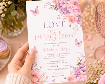 Invitación para despedida de soltera con estampado floral en tonos rosados: Invitación para novia con mariposas, plantilla editable (Descarga digital) PRI171