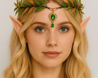 Conjunto de corona de elfo con hojas verde esmeralda, orejas de hada, tiara, joyería de fantasía para bodas, estilo renacentista y LARP.