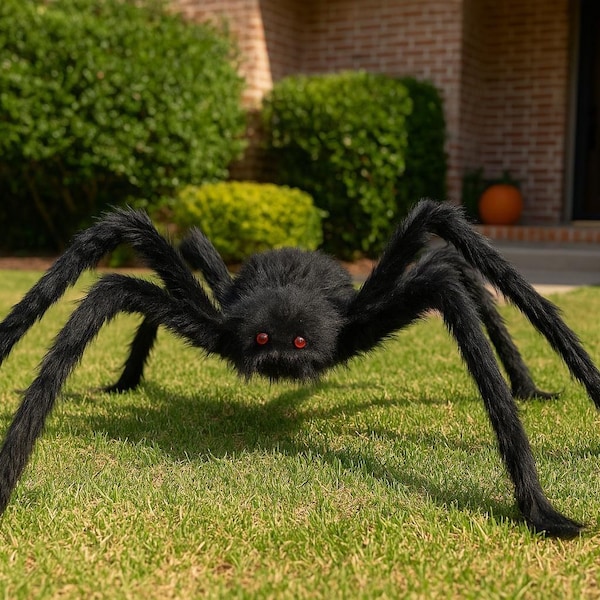 Giant Furry Halloween Spider – Realistic Spooky Decor with Red Eyes