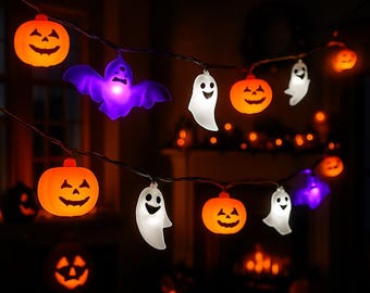 Guirlande Lumineuse Halloween Fantômes LED 3 Mètres - Décoration Effrayante Jaune - Art Déco Vintage