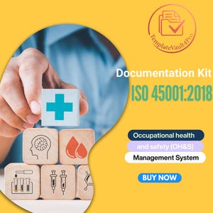 以下が含まれることがあります： 黄色い背景のプロモーション画像で、「Documentation Kit ISO 45001:2018」のテキストが表示されています。医療および科学のイラストが描かれた木製のブロックと青い十字のシンボルが含まれています。「Occupational health and safety (OH&S) Management System」のテキストも表示されています。