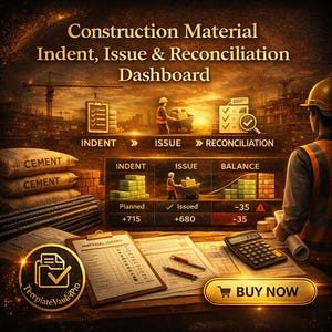 May include: A digital graphic promoting a construction material indent, issue, and reconciliation dashboard. The image features construction workers, building materials, and financial data, with the text "Construction Material Indent, Issue & Reconciliation Dashboard."