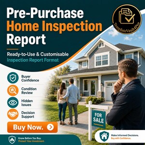 May include: A digital graphic for a Pre-Purchase Home Inspection Report. It features text, icons for buyer confidence, condition review, hidden issues, and decision support, and a scene of a house with a For Sale sign and people standing outside.