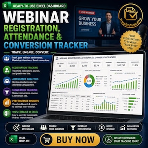 Può includere: Un laptop mostra una dashboard di monitoraggio delle registrazioni, delle presenze e delle conversioni dei webinar. Lo schermo mostra grafici e visualizzazioni di dati. Il testo "Webinar Registration, Attendance & Conversion Tracker" è visibile.