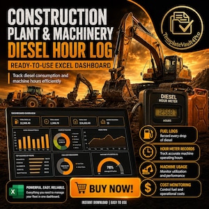 Può includere: Un modello di dashboard digitale per il registro delle ore diesel di macchine edili. L'immagine mostra attrezzature pesanti, un contaore diesel e un'interfaccia Excel con grafici per il monitoraggio di consumi e costi.