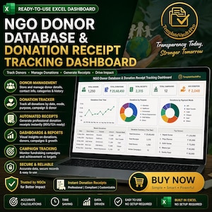 May include: A laptop displaying an NGO donor database and donation receipt tracking dashboard in Excel. The screen shows charts, donation summaries, and donor lists. The interface includes text for donor management, automated receipts, and campaign tracking.