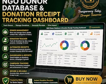 NGO Donor Management Excel Dashboard | Donation Receipt Tracker | Nonprofit CRM Tool | Fundraising & Donor Database Template