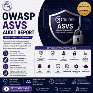 以下が含まれることがあります： ダークブルーとホワイトの配色で構成されたOWASP ASVS監査レポートのデジタルドキュメントテンプレート。南京錠付きの盾のアイコン、V1からV11までの監査領域を詳述するテキスト、および機能リストが表示されています。
