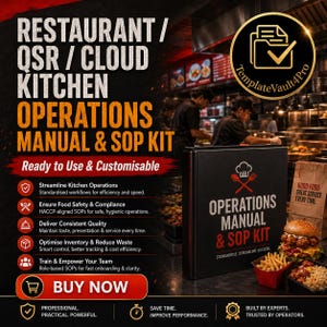 Restaurant, QSR Cloud Kitchen Operations Manual & SOP Kit | Food Service Operations Templates | Restaurant Management Documentation Package