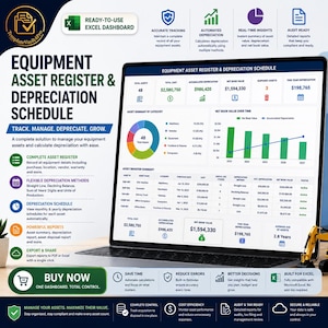 May include: A laptop screen shows an 'Equipment Asset Register & Depreciation Schedule' dashboard. The software tracks, manages, and depreciates assets. Key features include automated calculations, real-time insights, and audit-ready reports. The software is built for Excel.