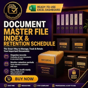 Puede incluir: Una plantilla digital de índice de archivos maestros de documentos y calendario de retención para Excel. El gráfico presenta un fondo morado oscuro con texto dorado, una caja de archivos con carpetas manila etiquetadas como RECORDS.