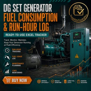 Puede incluir: Un rastreador digital de Excel para el consumo de combustible y el registro de horas de funcionamiento de generadores. La imagen muestra un gran generador diésel industrial, un panel de control y el texto "DG SET GENERATOR FUEL CONSUMPTION & RUN-HOUR LOG" con iconos para seguimiento, mantenimiento y carga.