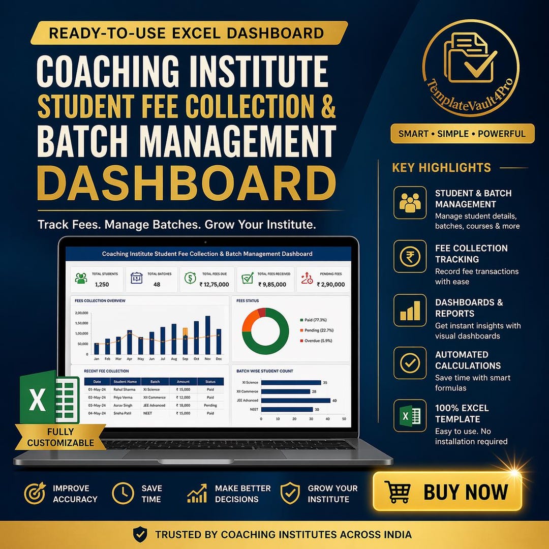 Coaching Fee Collection Excel Dashboard | Student Payment Tracker ...