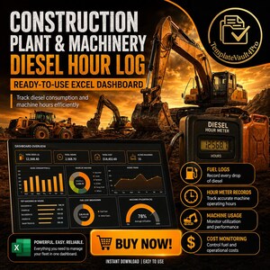 Può includere: Un modello di dashboard digitale per il registro delle ore diesel di macchine edili. L'immagine mostra attrezzature pesanti, un contaore diesel e un'interfaccia Excel con grafici per il monitoraggio di consumi e costi.