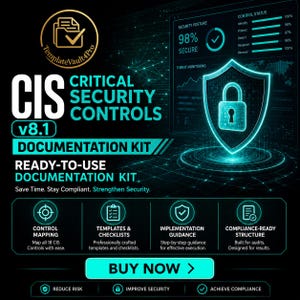 Peut inclure: Un kit de documentation numérique pour les contrôles de sécurité critiques CIS v8.1 sur fond sombre avec du texte et des icônes cyan lumineux. Le graphique affiche un bouclier de sécurité avec un cadenas, un tableau de bord et quatre sections détaillant le mappage des contrôles, les modèles, les conseils de mise en œuvre et la structure de conformité.