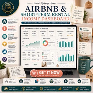 May include: A laptop screen shows an Airbnb short-term rental income dashboard with financial data and graphs. The laptop is surrounded by a mug, a notepad, and decorative elements, promoting rental business growth.