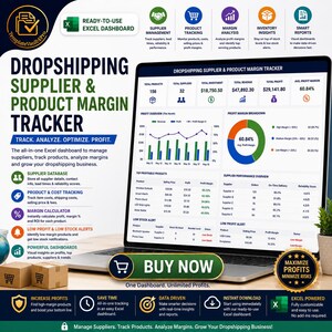 May include: A laptop screen displays a dropshipping supplier and product margin tracker. The dashboard includes charts, graphs, and data tables for profit analysis, inventory insights, and supplier performance. The text reads "Buy Now" and "Maximize Profits Minimize Risks."