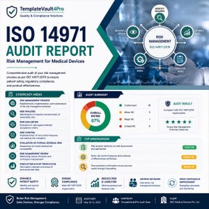 May include: An ISO 14971 audit report for medical devices. The report includes an audit summary with an 87% overall rating, key areas, and top observations. The report also includes the audit date, May 10-12, 2024.