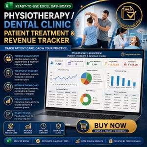 May include: A laptop screen displays a physiotherapy and dental clinic patient treatment and revenue tracker dashboard. The dashboard includes charts, graphs, and data visualizations for patient management, treatment tracking, and revenue analysis. The text "BUY NOW" is visible.