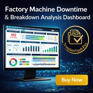 May include: A computer monitor showing a dashboard with data visualisations, charts, and graphs related to factory machine downtime and breakdown analysis. The screen displays numerical data and a pie chart. The image includes the text "Factory Machine Downtime & Breakdown Analysis Dashboard" and a "Buy Now" button.