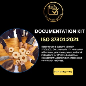 以下が含まれることがあります： 「DOCUMENTATION KIT ISO 37301:2021」のテキストと金のロゴが入った画像。木製の歯車を囲む人々の様子が描かれています。テキストは、すぐに使えるドキュメントキットについて説明しています。