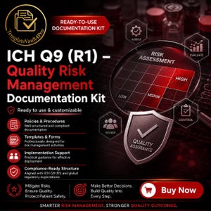 May include: A digital documentation kit for ICH Q9 (R1) Quality Risk Management featuring a magnifying glass over a risk assessment grid, a quality assurance shield icon, and text detailing policies, procedures, templates, and compliance support.