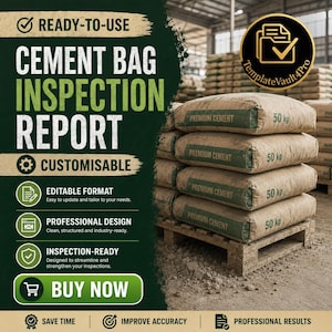 May include: A digital template for a Cement Bag Inspection Report featuring white and green text on a dark background. The graphic includes icons for editing, professional design, and inspection readiness, alongside a stack of 50 kg cement bags.