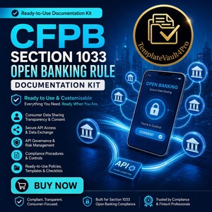 Peut inclure: Un kit de documentation numérique pour la règle Open Banking de la section 1033 du CFPB. Le graphique présente un smartphone affichant une interface bancaire ouverte, entouré d'icônes bancaires bleues lumineuses et de nœuds de connexion API.