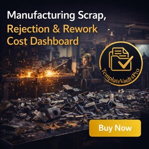 Peut inclure: Image publicitaire pour un "Tableau de bord des coûts de rebut, de rejet et de reprise de fabrication". L'image montre un tas de ferraille avec un travailleur en arrière-plan. Un bouton doré indique "Acheter maintenant".