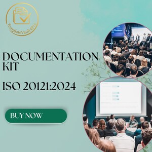 Puede incluir: Un fondo verde azulado con las palabras "DOCUMENTATION KIT" e "ISO 20121:2024" en negro. Un botón verde dice "COMPRAR AHORA". La imagen incluye dos fotos circulares de una presentación de conferencia.
