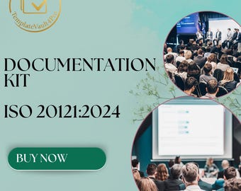 May include: A teal background with the words "DOCUMENTATION KIT" and "ISO 20121:2024" in black. A green button reads "BUY NOW". The image includes two circular inset photos of a conference presentation.